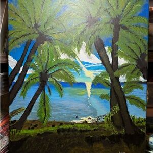 Green and Blue Tropical Beach Painting Art